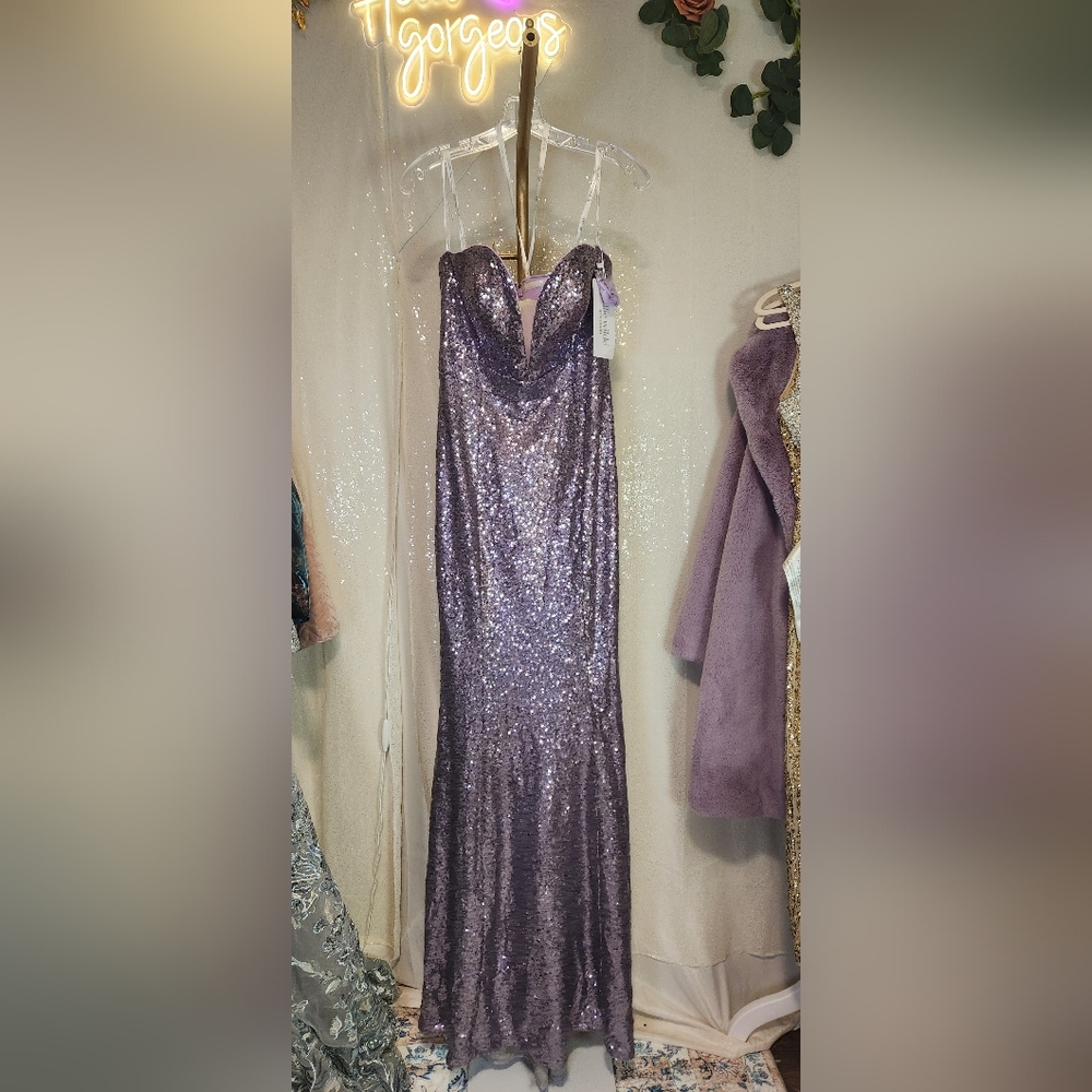 NWT Size 10 Ellie Wilde Mon Cheri  Strapless Lilac Sequin Fit & Flare Gown - Picture 2 of 6
